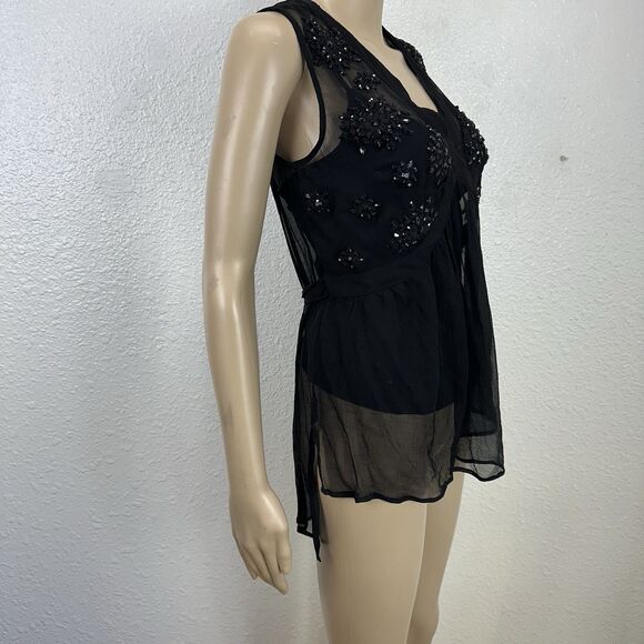 Plenty Tracy Reese Black Chiffon Beaded  babydoll Top Whimsigoth Fairy Y2k Retro - Picture 6 of 10